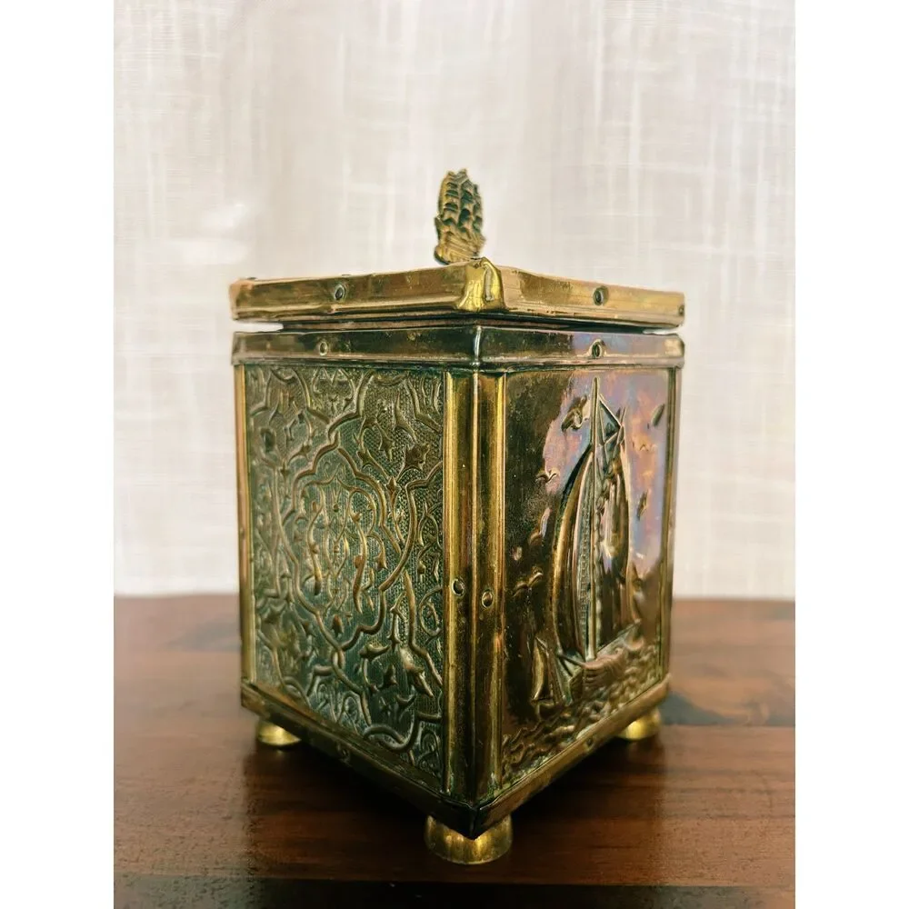 Antique Embossed Brass HMS Victory Maritime Tea Caddy / Tobacco Box